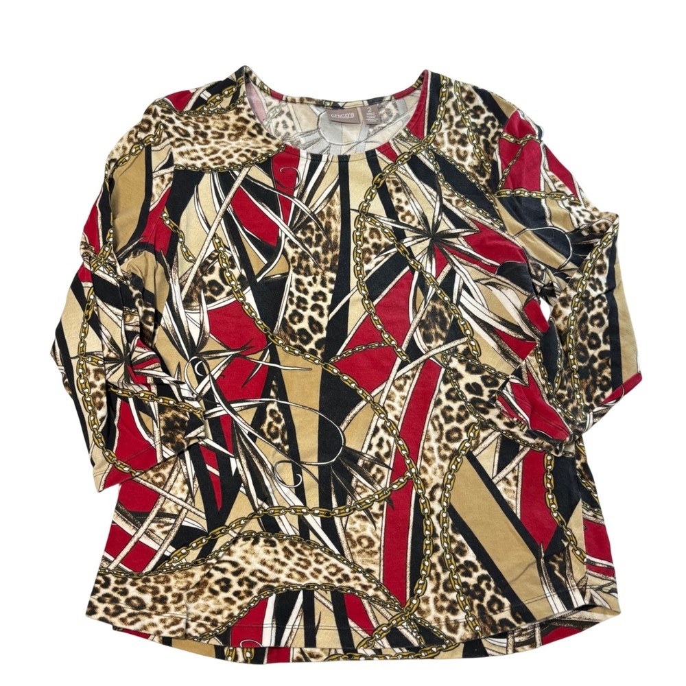 Chicos Red Leopard Chain Print Long Sleeve Top Size 2 Large Cotton Spandex Mixed